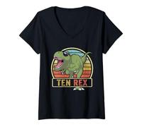 Womens Ten Rex T Rex Birthday 10 Year Old Dinosaur 10th Dino V-Neck T-Shirt