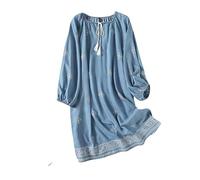 Women's Tencel Denim Dress Casual Summer Casual Loose Beach Bikini Cover Up Short Sleeves Bohemian Embroidery Floral Short Caftan Dress Nightwear Everyday Wear Light Blue M