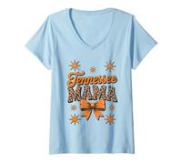 Womens Tennessee Mama, Retro Leopard Print Orange Bow Women's Top V-Neck T-Shirt