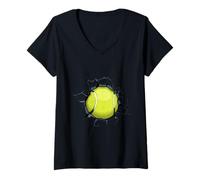 Women's Tennis Ball Smash Through Wall Player Fan Sport V-Neck T-Shirt