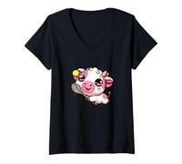 Womens Tennis Cow Cute Kawaii Player with Racket V-Neck T-Shirt