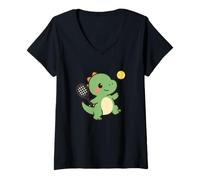 Womens Tennis Dino Serve. Cute Kawaii Dino, Sport V-Neck T-Shirt