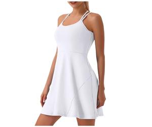Womens Tennis Dress Casual Square Neck Sleeveless Crossback Strap Side Slit Mini Dress Ladies Summer Comfy Soft Solid Color Athletic Workout Yoga Dress 2025 White