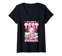 Women's Testing Day Axolotl Its Just A Test Dont Stress Stressalotl V-Neck T-Shirt