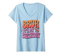 Women's Text Bruh It's My Birthday Pinata Retro Groovy 70s Style V-Neck T-Shirt