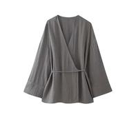 Women's Textured Crossover Kimono Blouses, Side Ties, Long Sleeves, Loose, Female Shirts, Chic Tops, Fashion-only Tops-M