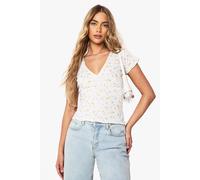 Womens Textured Ditsy Picot Trim V Neck Top - White - 12, White