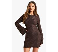 Womens Textured Flare Sleeve Mini Dress - Brown - 14, Brown