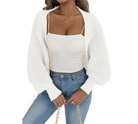 Women's Textured Knit Cropped Cardigan Open Front Loose Fit Sweater with Balloon Sleeves Casual Comfortable Knitwear Top for Daily Wear and Stylish Outings Versatile Layering Piece One Size White