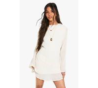Womens Textured Long Flare Sleeve Mini Dress - Cream - 8, Cream