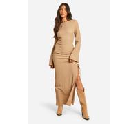 Womens Textured Ruched Flare Sleeve Maxi Dress - Beige - 8, Beige