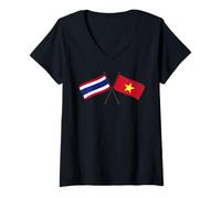 Womens Thailand Vietnam Crossed Flags Thai Vietnamese V-Neck T-Shirt