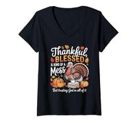 Womens Thankful Blessed and Kind of A Mess Teacher Thanksgiving V-Neck T-Shirt