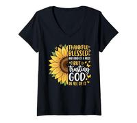 Women's Thankful Blessed Kind of A Mess But Trusting God in All V-Neck T-Shirt