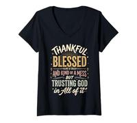 Women's Thankful Blessed Kind of A Mess But Trusting God in All V-Neck T-Shirt