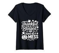 Womens Thankful Blessed Kind of a Mess Pumpkin Fall Halloween Quote V-Neck T-Shirt
