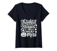 Womens Thankful Blessed Kind of a Mess Pumpkin Halloween Fall Quote V-Neck T-Shirt