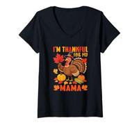 Womens Thankful for Mama Thanksgiving Fall Turkey Funny Family V-Neck T-Shirt