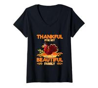 Womens Thankful for My Beautiful Family, Thanksgiving Turkey & Pie V-Neck T-Shirt