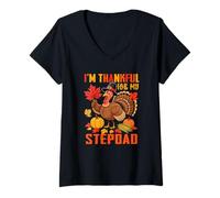 Womens Thankful for Stepdad Thanksgiving Fall Turkey Funny Family V-Neck T-Shirt