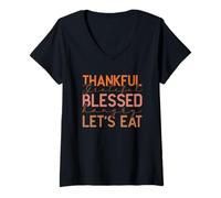 Womens Thankful Grateful Blessed Hangry Let's Eat Design V-Neck T-Shirt