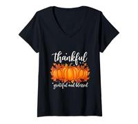 Womens Thankful Grateful Blessed Shirt for Women Halloween Pumpkin V-Neck T-Shirt