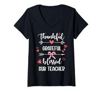 Women's Thankful Grateful Blessed Substitute Teacher Arrow Hearts V-Neck T-Shirt