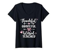 Women's Thankful Grateful Blessed Teacher Arrow & Hearts Design Gift V-Neck T-Shirt