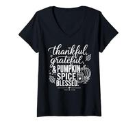 Women's Thankful Grateful Pumpkin Spice Blessed Christian V-Neck T-Shirt