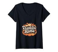 Womens Thankful Mama Thanksgiving Autumn Pumpkin Hearts V-Neck T-Shirt