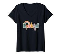 Womens Thankful Rainbow Positive Vibes V-Neck T-Shirt