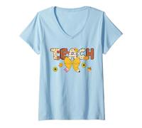 Womens Thankful Teacher Thanksgiving Fall Pencil Bow Teaching V-Neck T-Shirt