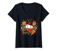 Womens Thanksgiving Baseball Scoreboard Pilgrim Hat Scarf Food V-Neck T-Shirt