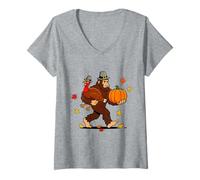 Womens Thanksgiving Bigfoot Pilgrim Turkey Fall Pumpkin Sasquatch V-Neck T-Shirt