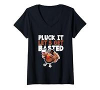 Womens Thanksgiving Drinking Party Funny Pluck It Let’s Get Basted V-Neck T-Shirt
