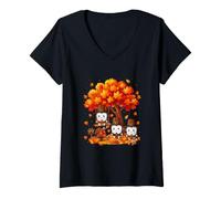 Women's Thanksgiving Fall Tree Three Cute Teeth Dentist Dental Team V-Neck T-Shirt