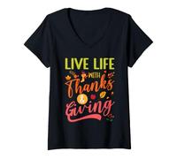 Women's Thanksgiving Gratitude Thankful Grateful Giving Live Life V-Neck T-Shirt