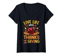 Women's Thanksgiving Gratitude Thankful Grateful Giving Live Life V-Neck T-Shirt