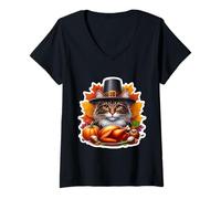 Womens Thanksgiving Maine Coon Cat Owner Lover Fall Autumn Pumpkin V-Neck T-Shirt