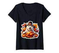 Womens Thanksgiving Pollar Bear Fall Autumn Cottagecore Pumpkin V-Neck T-Shirt