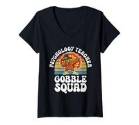 Womens Thanksgiving Psychology Teacher Gobble Squad Turkey V-Neck T-Shirt