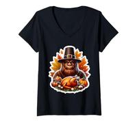 Womens Thanksgiving Sasquatch Big-Foot Fall Autumn Big Foot Lover V-Neck T-Shirt