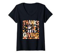 Womens Thanksgiving St. Bernard Cute Pilgrim Fall Leaves Owner Kids V-Neck T-Shirt