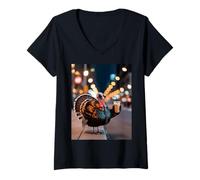 Women's Thanksgiving Turkey Drinking Iced Coffee Street Meme Animal V-Neck T-Shirt