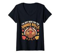 Womens Thanksgiving Turkey Holding Roll I'm just here for The Rolls V-Neck T-Shirt