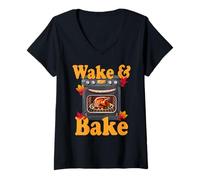 Womens Thanksgiving Wake and Bake Funny Turkey Feast Meal Dinner V-Neck T-Shirt