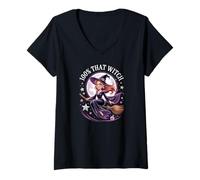 Womens That Witch Magic Flying by Moon Halloween V-Neck T-Shirt