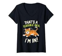 Women's That's a Terrible Idea Funny Orange Tabby Cat V-Neck T-Shirt