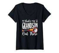 Women's Thats My Grandson Out There Baseball Fire Bat V-Neck T-Shirt