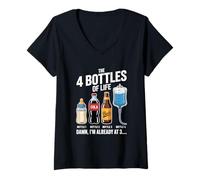 Womens The 4 Bottles Of Life Beer Bottle Celebration Alcohol Humor V-Neck T-Shirt